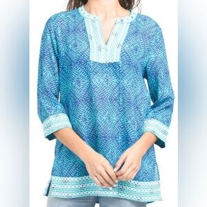 Sigrid Olsen Shirt Womens Medium Blue White Embroidered Tunic Top